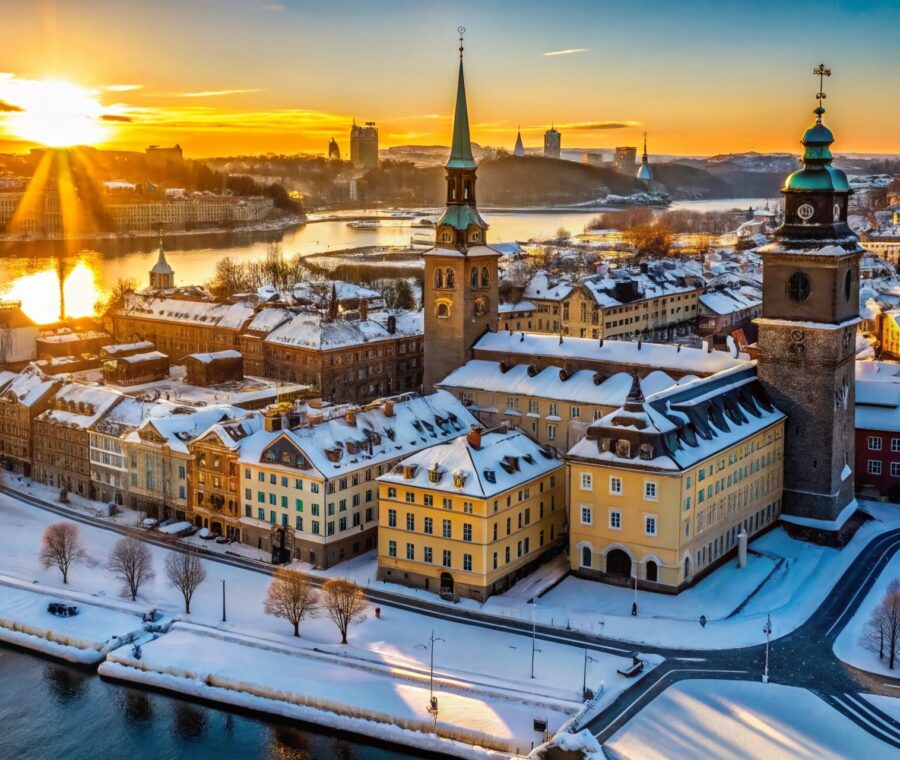 Snowy Stockholm Gamla Stan: Drone View of Sunlit Church Tower and Shadowed Roofs